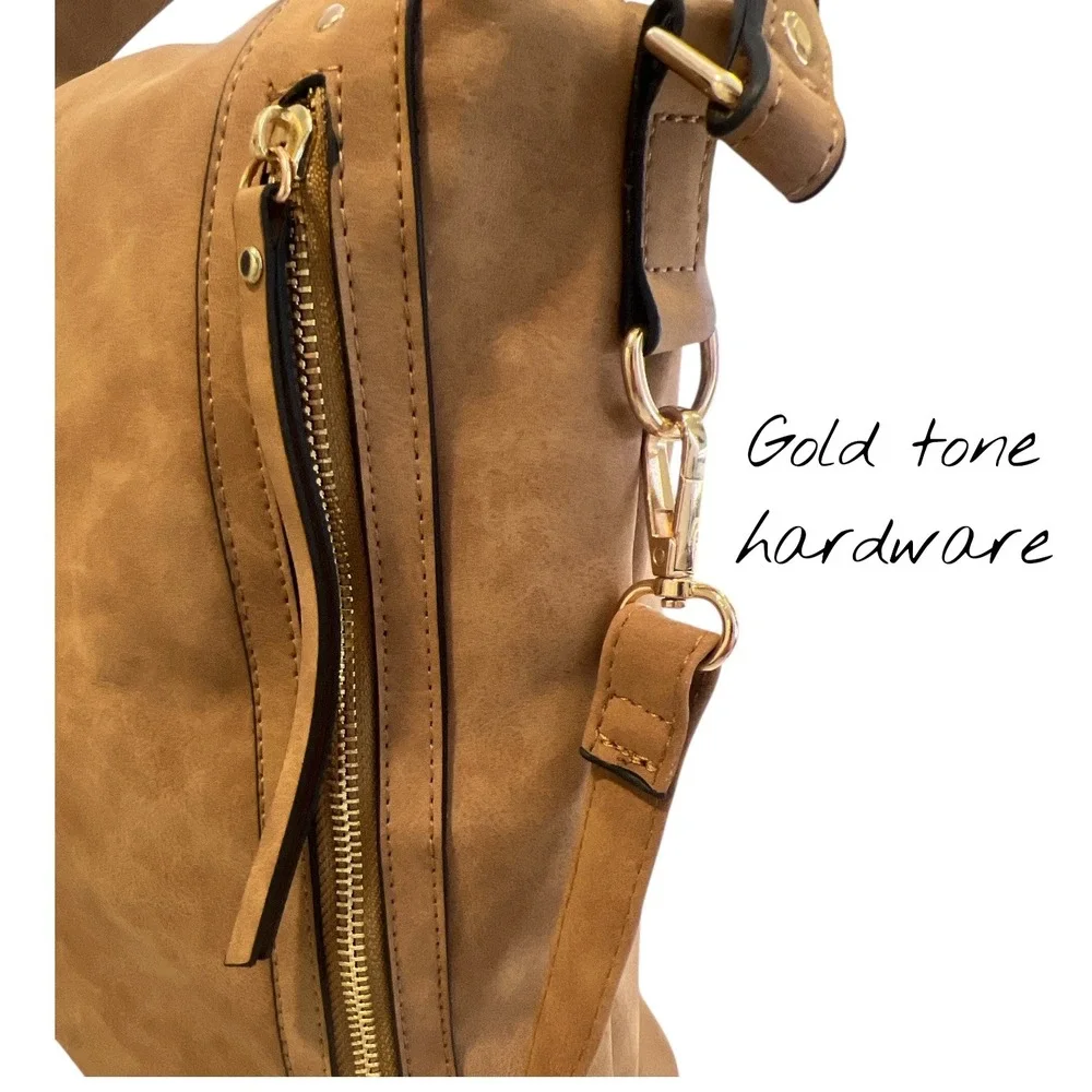 VR NYC Multi-Zip Trim Messenger Handbag Tote Purse Beige Faux Leather Urban Chic
